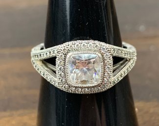 Sterling Silver Cubic Zirconia Halo Engagement Ring, Size 7.25 - #JB