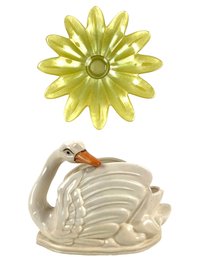 Iridescent Yellow Glass Sunflower Bowl & 1950s Ceramic Swan Planter - #S8-2
