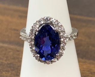 Sterling Silver Sapphire Cubic Zirconia Halo Cocktail Ring, Size 7.25 - #JB