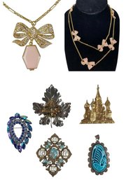 Sterling Silver Ceramic Peacock Pendant, Jonette Jones, Sarah Coventry Brooches - #JC-L