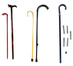 Carved Wood & Metal Canes: Dragon Head/Marble Handle, Cigar Storage Cane, Dog Handle - #SR