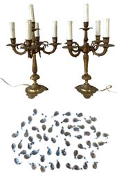 Brass Plated 5-Light Candelabra Table Lamps & Pear-Shape Crystal Chandelier Prisms - #S9-5
