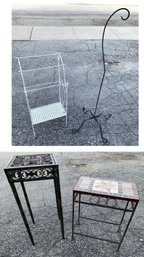 Mid-Century White Metal Towel Rack, Shepherds Hook Stand & Plant Stands - #BR