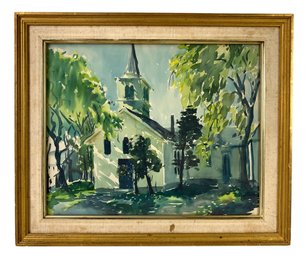 Mid-Century New England Church Landscape Watercolor Painting, Signed Martha Treadway - #A9