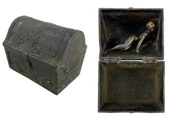 Antique Risque Brass Treasure Chest Trinket Box - #FS-5