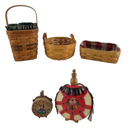 Collection Of Longaberger Baskets, Hungarian Folk Art Flask & Mini Wooden Keg - #S15-2