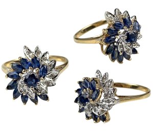 14K Yellow Gold Natural Sapphire Diamond Swirl Cocktail Ring (Size 7.5) - #JC-B