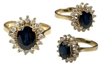 14K Yellow Gold Sapphire Diamond Halo Cocktail Ring (Size 7) - #JC-B