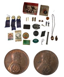 1924 First Prize Ribbons, 1945/63 Masonic Pennies, Belt Buckles, George Sisler Card - #FS-2