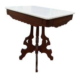 Victorian Eastlake White Marble Top Parlor Table - #SR