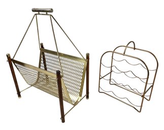 Mid-Century Teak Wood Metal Mesh Magazine Rack & Brass Tabletop Wine Rack - #S10-1