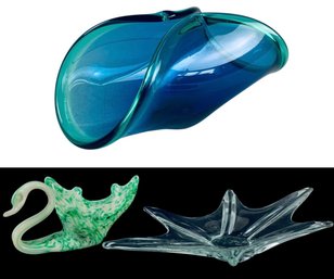 Italian Murano White Cristal Centerpiece Bowl, Clear Glass Bowl & Swan Splatter Glass Candy Dish - #S4-3