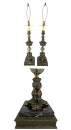 Vintage Italian Bronze & Glass Table Lamps With Marble Bases, Set Of 2 (WORKS) - #S1-5