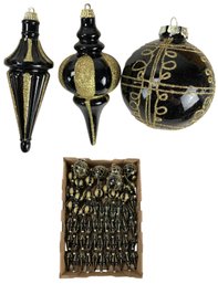 Large Collection Of Black & Gold Glitter Christmas Tree Ornaments - #S15-3