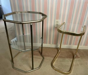 Mid-Century Modern Brass Tone Glass Top Cantilever & Hexagon Side Tables - #LR