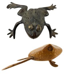 Metal Frog Paperweight & Signed Carved Wood Frog Figure - #S3-3