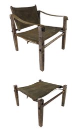 Vintage 1970s Leather & Wood Safari Chair & Ottoman Set - #BR