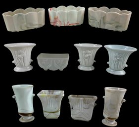 1930s White & Marbled Akro Agate Slag Glass Dart Flower Pots, Planters & Vases - #S17-2