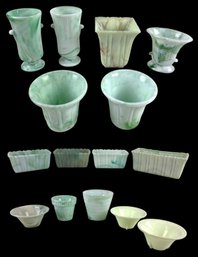 1930s Marbled Green & Yellow Akro Agate Slag Glass Dart Bowls, Planters & Vases - #S17-1