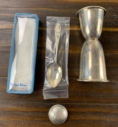 Alvin Sterling Silver Double Jigger, Sterling Souvenir Spoon & 1946 Silver Coin - #FS-2