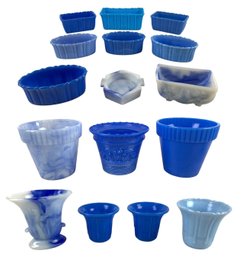 1930s Blue Akro Agate Slag Glass Flower Pots, Vase, Planters & Ash Tray - #S17-1
