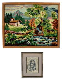 Countryside Landscape & Virgin Mary Framed Needlepoint - #S12-F