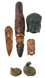 African/Jamaican Wood Masks, Ceramic Buddha Mask & Toyo Quail Figures - #S15-3