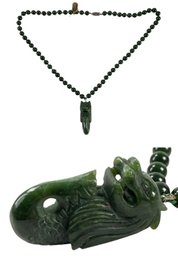 Chinese Nephrite Green Jade Merlion Pendant Necklace - #JC-R