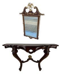 Vintage Federal Style Eagle Crest Brass & Mahogany Wall Mirror / Console Table Set - #BR