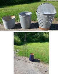 Galvanized Metal Olive Bucket, Planter, Metal Garden Stool, Trellis & Shepherd's Hook - #SC