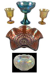 Ruffled Coin Dot Bowl, Gold Carnival Glass Goblets, Opalescent Rose & Compote Bowls - #S9-1