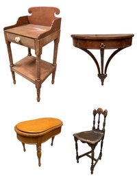 Mahogany Demilune Console Table, Antique Wash Stand, French Bidet & Hall Chair - #BR