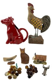 Americana Chalkware Cat Statue, Hand Painted Wood Rooster, English Cottage Music Box - #S18-2