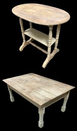 Rustic Farmhouse Wood Coffee Table & Painted Wood Oval Side Table - #BR