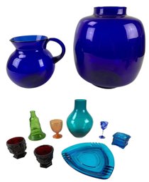 Hand Blown Teal Glass Vase & Cobalt Pitcher, Wheaton Bottle, JG Durand Crystal & More - #S10-1