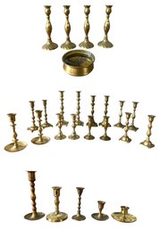 Collection Of Brass Candlesticks & Indian Hammered Brass Bowl - #S14-1