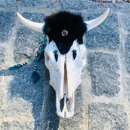 Longhorn Cow Skull Decorated With Genuine Fur, Turquoise & Black Obsidian - #GR