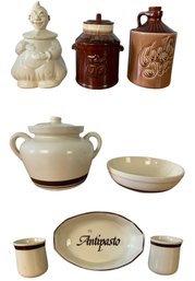 McCoy Pottery Cookie Jars, Bean Pot, 8' Bowl, Antipasto Dish & Brown Stripe Planters - #S19-2
