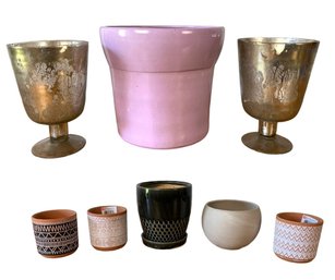 Collection Of Glazed Ceramic / Terra Cotta Planters & Mercury Glass Candleholders - #S10-2