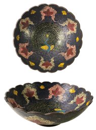 Vintage Enameled Brass Pedestal Bowl, Peacock Motif - #S6-3