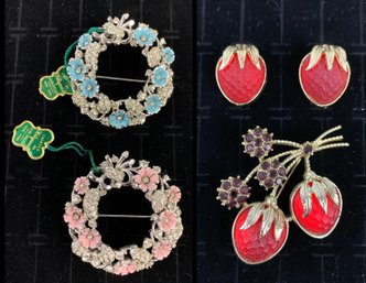Sarah Coventry Strawberry Festival Rhinestone Brooch/Earrings & Hollycraft Brooches - #FS-3