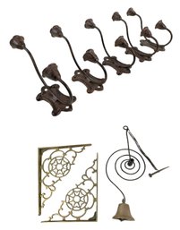 Antique Brass Shopkeeper's Bell, Victorian Brass Wall Brackets & Iron Coat Hooks - #S14-3