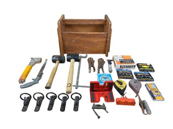 Vintage Wood Tool Caddy & Assorted Tools - #S17-1