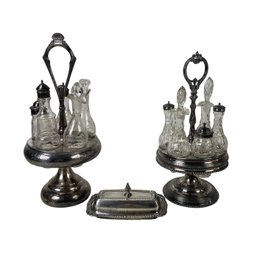 Cut Glass & Silver Plate Cruet Sets & Covered Butter Dish - #S10-2