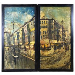 Framed European Cityscape Diptych Oil On Board Paintings - #C1