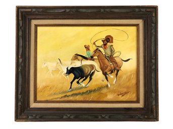 Western Cowboy Lasso Oil On Canvas Painting, Signed - #S19-FL