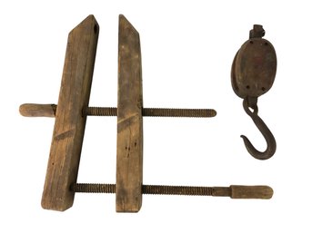 Primitive Wood Clamp & Pulley With Iron Hook - #S15-3