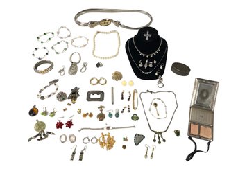 Vintage 1930s  Mondaine Make-Up Compact & Large Collection Of Costume Jewelry - #S19-3