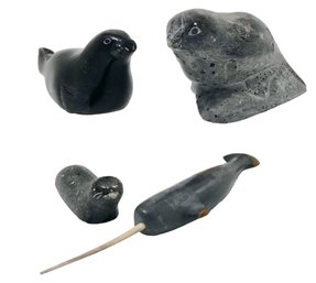 Signed Mid-Century Canadian Inuit Eskimo Carved Soapstone Seals & Whale Figurines - #S23-4