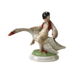1943 Herend Hand Painted Porcelain Boy Riding Goose Figurine By Ludas Matyi - #FS-6